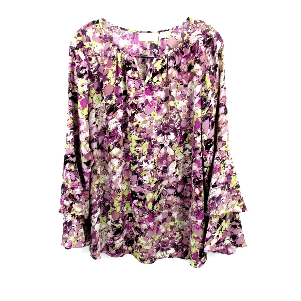 Belle by Kim Gravel Purple Floral Tunic Blouse L Bell Sleeve Boho Cottage Core